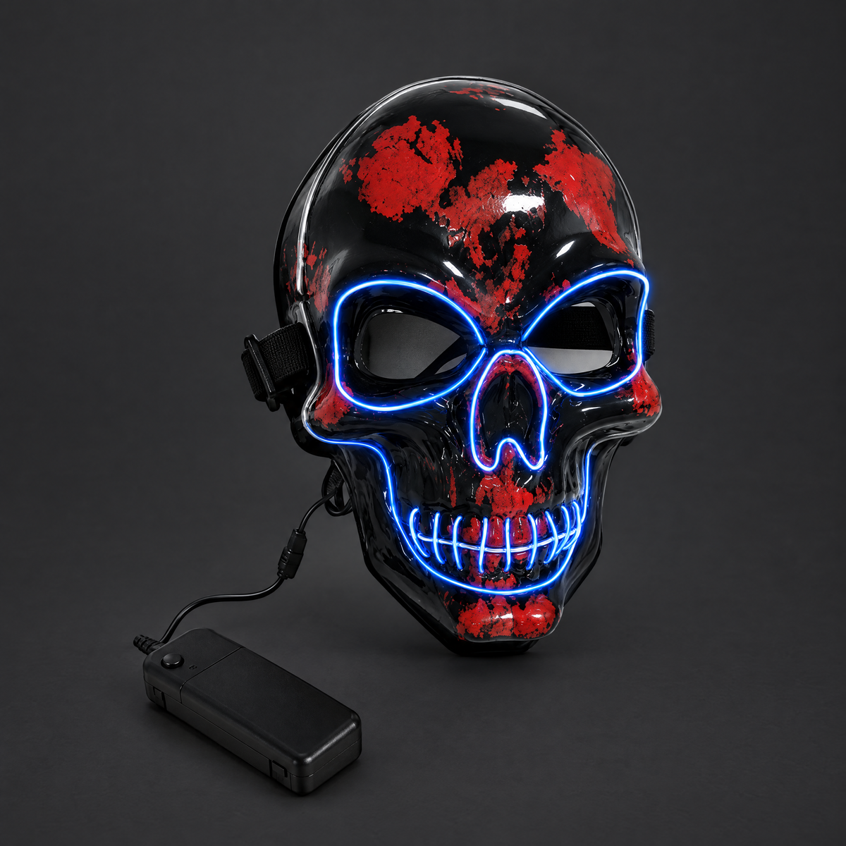 AI-enhanced illustrative studio image of Blue LED skull mask with lights on; actual paint placement may vary