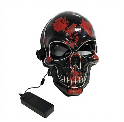 Blue LED skull Halloween mask, supplier photo enhanced for clarity; battery pack shown