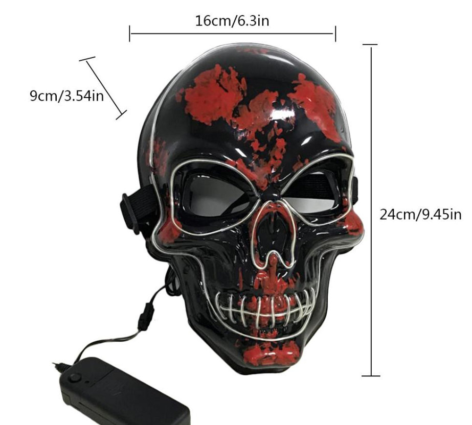 Blue LED skull mask supplier size guide showing mask dimensions and battery pack