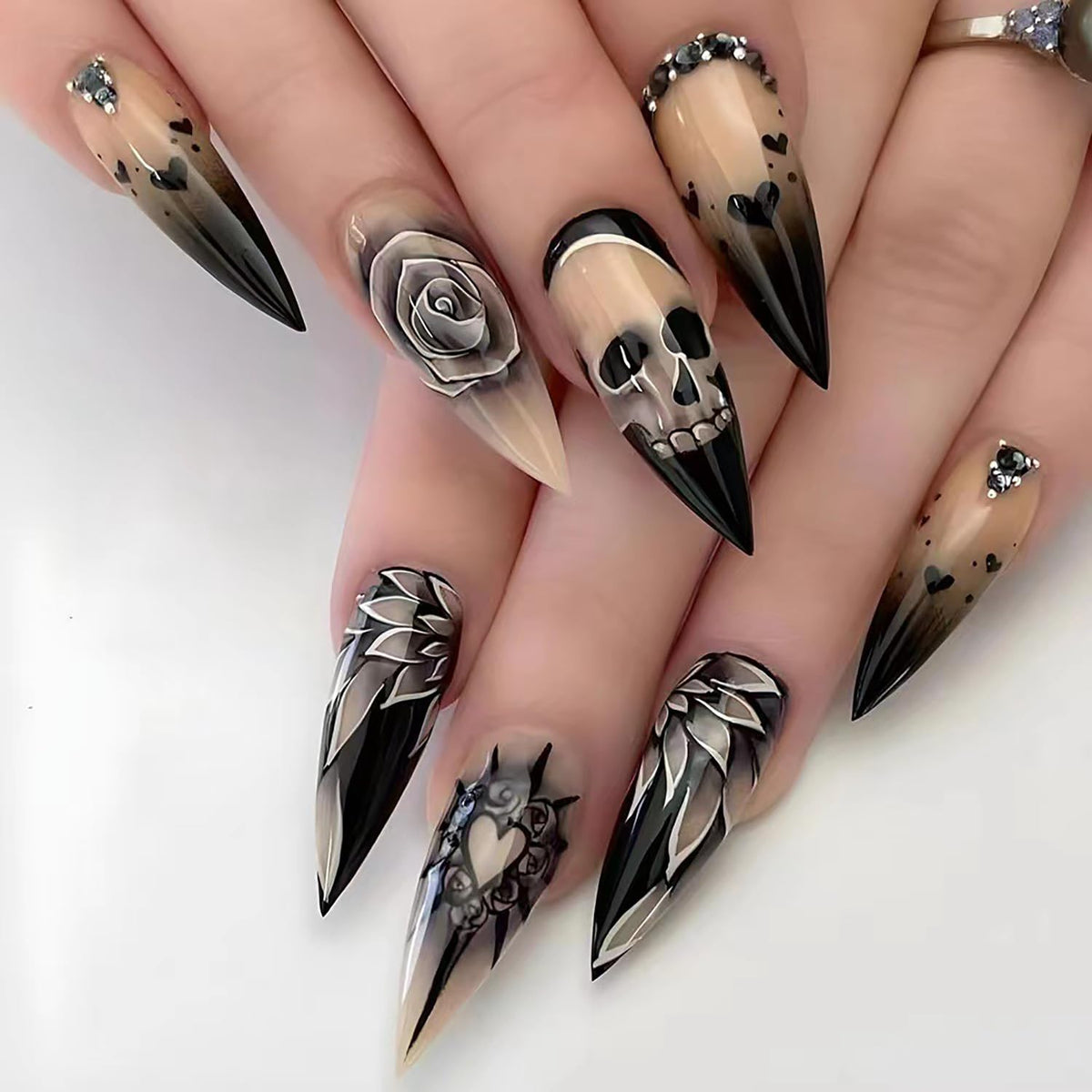 Additional supplier view of the black rose and rhinestone Halloween press-on nails